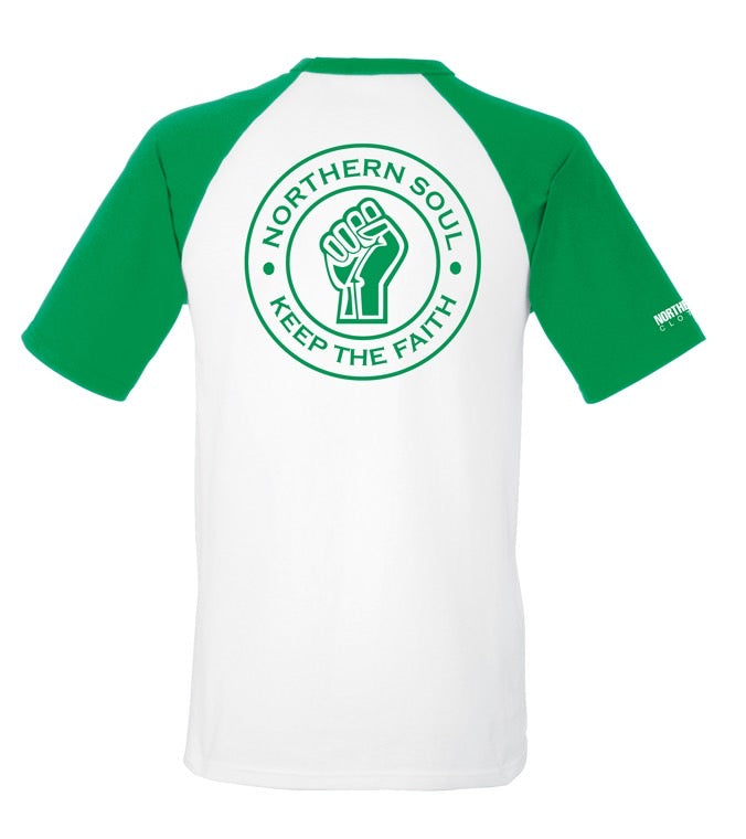 White and Green Small & Large Print Baseball Tee