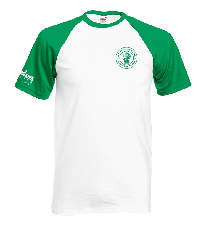 White and Green Small & Large Print Baseball Tee