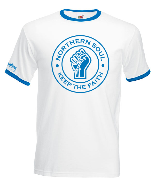 White & Blue Large Front Print Ringer Tee