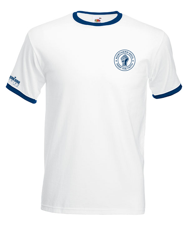 White & Dark Blue Small Print Ringer Tee