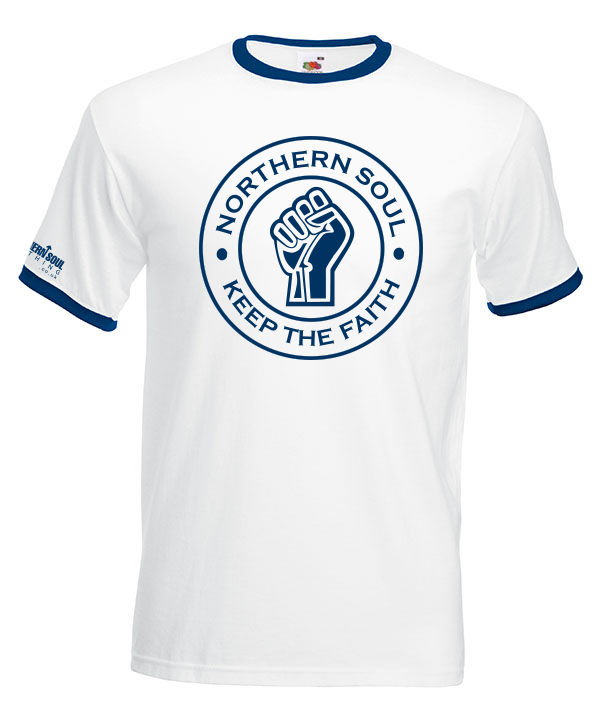 White & Dark Blue Large Front  Print Ringer Tee