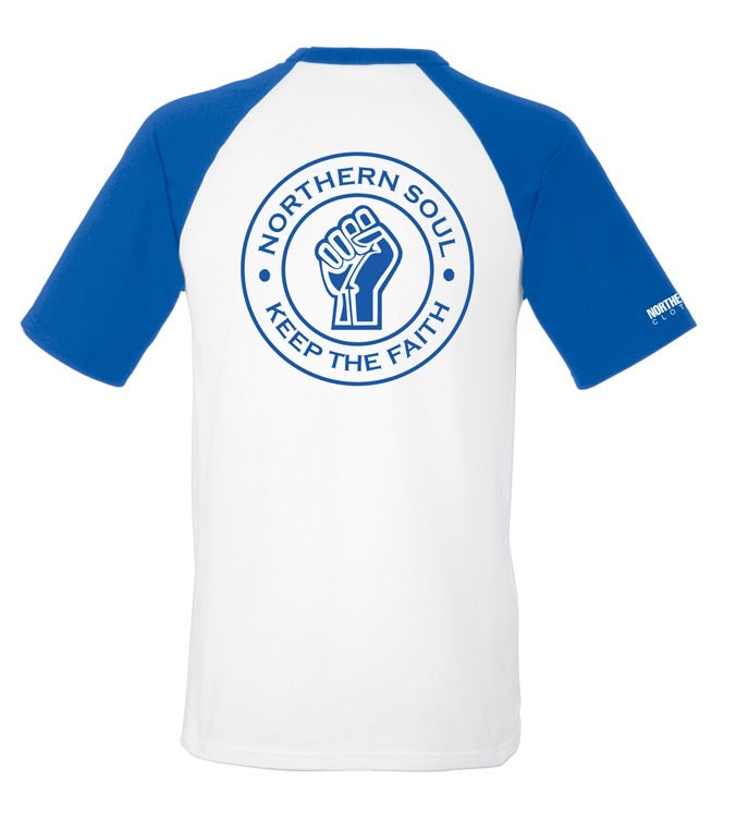 Blue and White Small & Large Print Baseball Tee