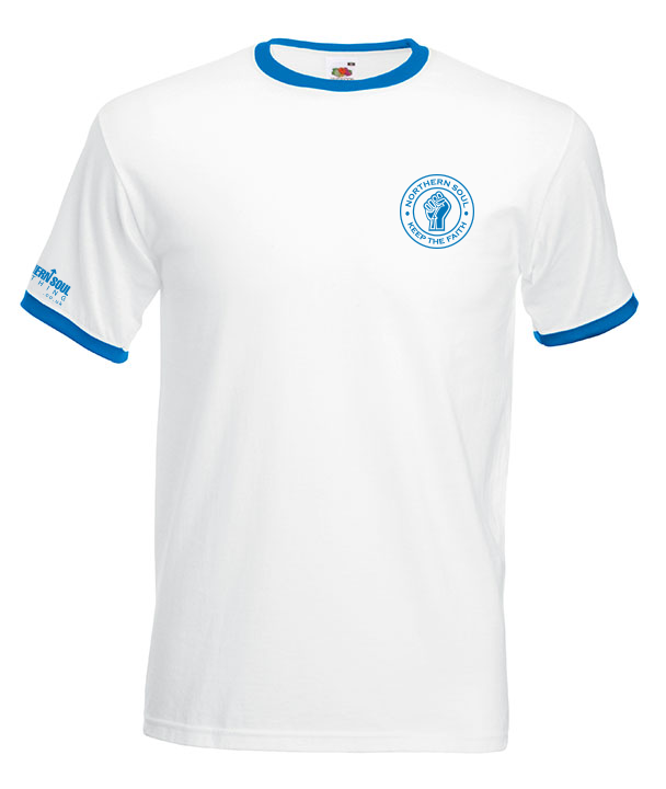 White & Light Blue Small Print LHB Ringer Tee