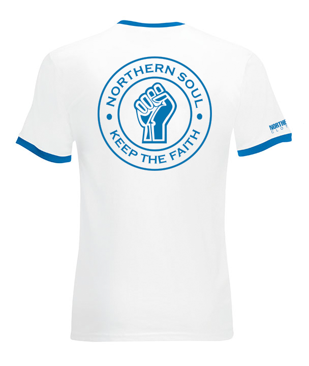 White & Blue Large Back Print Ringer Tee