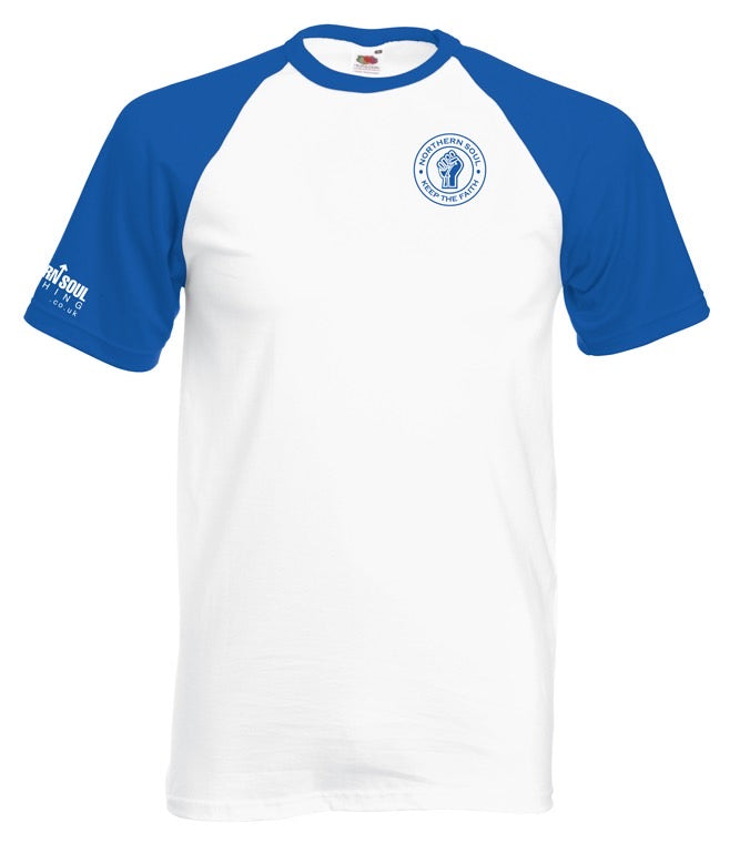 Blue and White Small & Large Print Baseball Tee