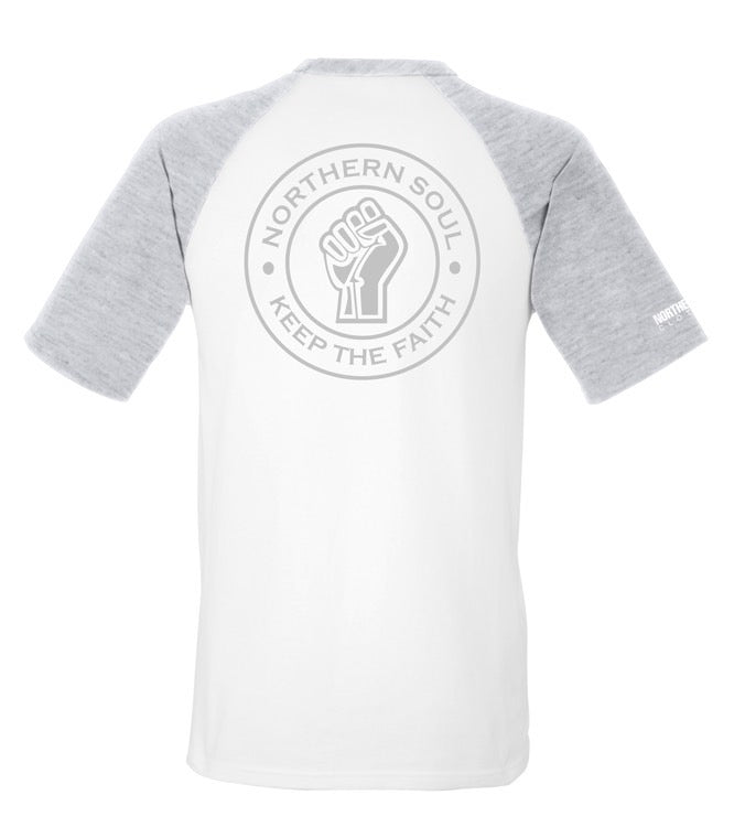 White & Grey Large Back Print Baseball Tee