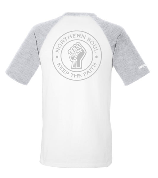 White & Grey Large Back Print Baseball Tee